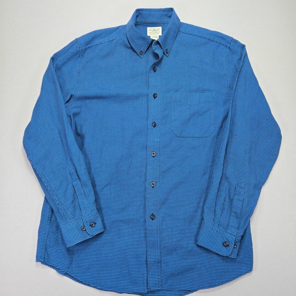 L.L.Bean Button Down Shirt‎ Blue Houndstooth Long Sleeve Traditional Fit Men's M